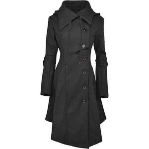 Women Black Trench Coat Goth Lapel Peacoat Wool Winter Thick Hood Pea Jacket